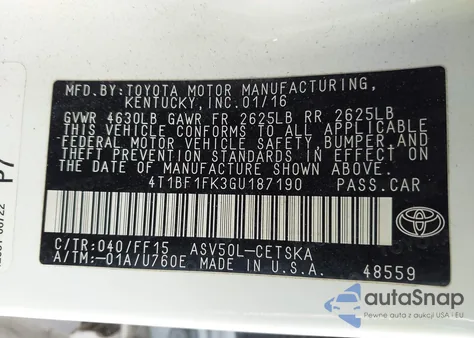 2016 Toyota Camry Se z USA, uszkodzony, nr VIN 4T1BF1FK3GU187190